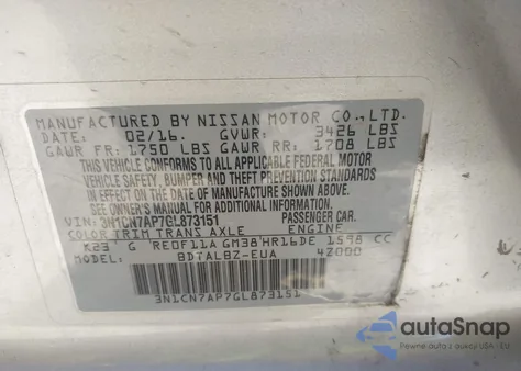 2016 Nissan Versa 1.6 S/1.6 S+/1.6 Sl/1.6 Sv z USA, uszkodzony, nr VIN 3N1CN7AP7GL873151